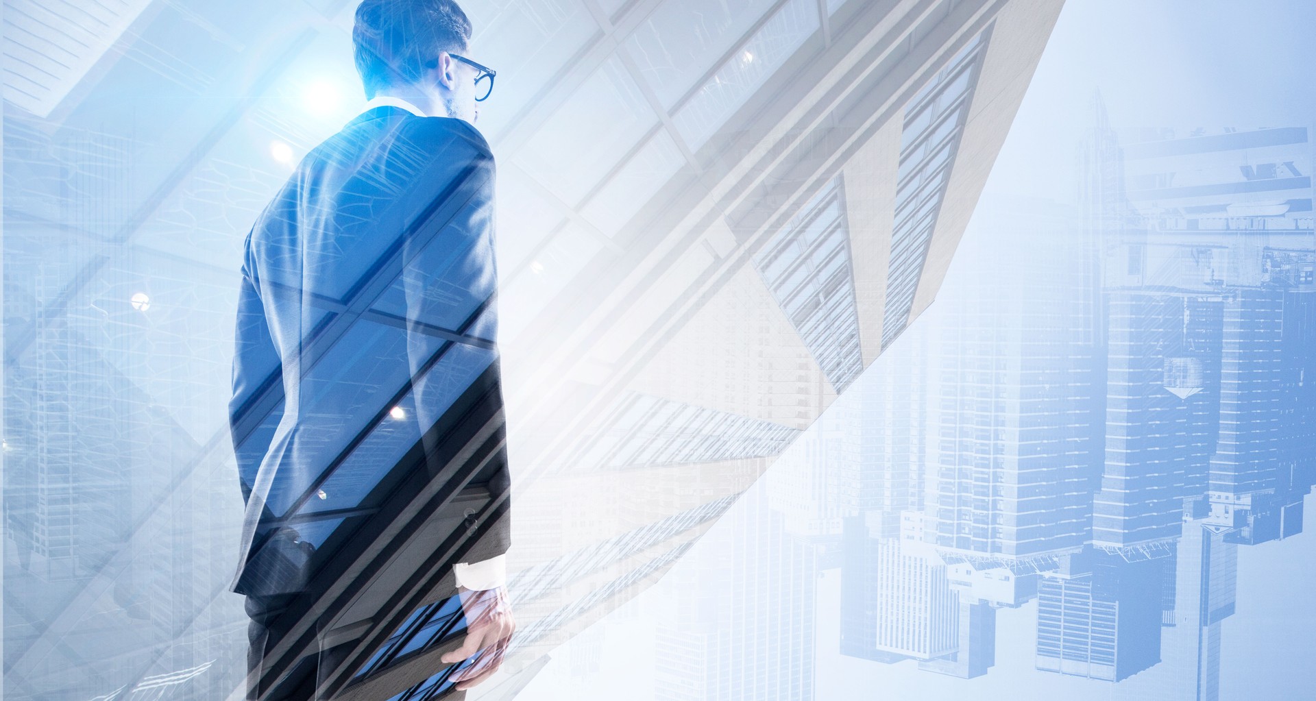 Businessman in glasses and in formal suit looking toward New York downtown cityscape, double exposure. The concept of international corporate consulting